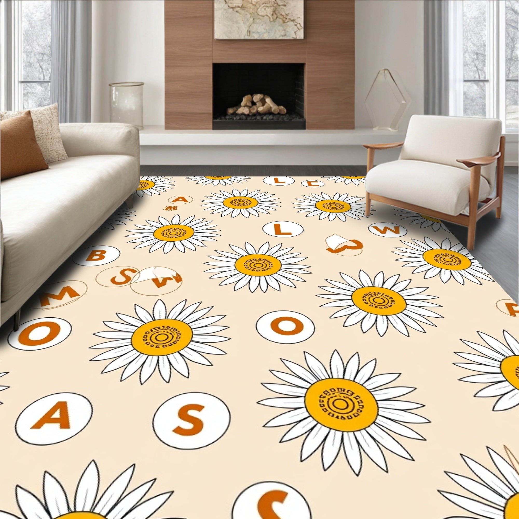 White Daisy Letter Game Arrangement Rug
