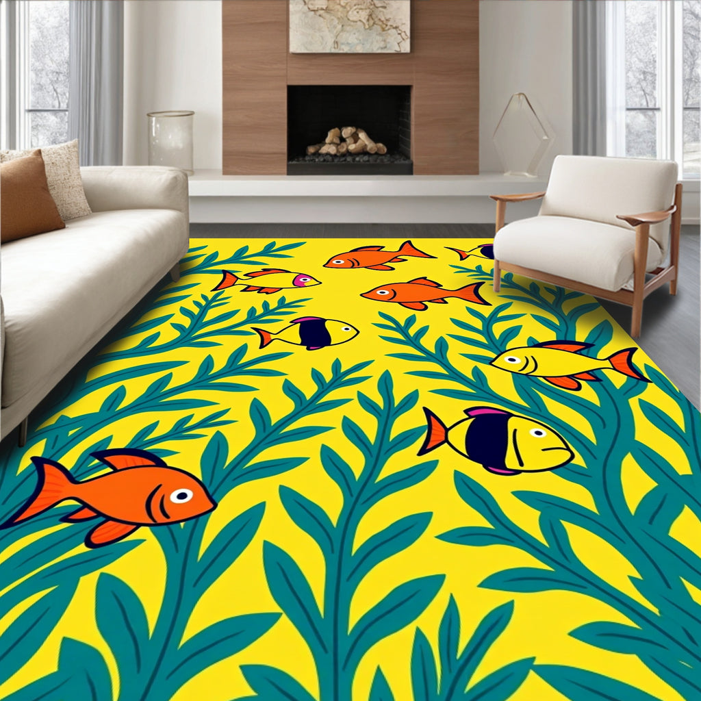 Playful Yellow Fish Aquatic Scene Rug