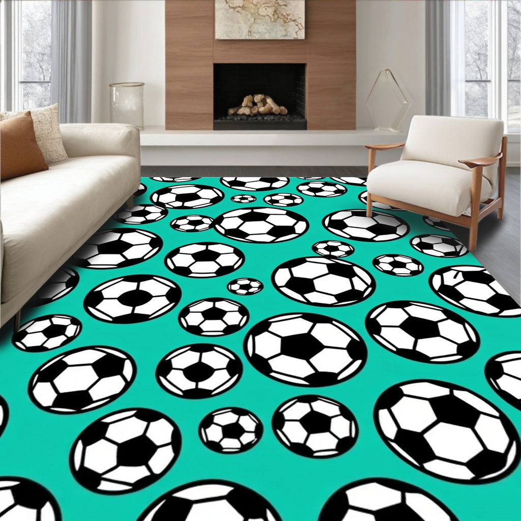 Teal Black White Soccer Balls Collage Rug