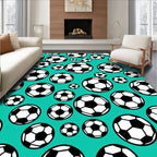 Teal Black White Soccer Balls Collage Rug