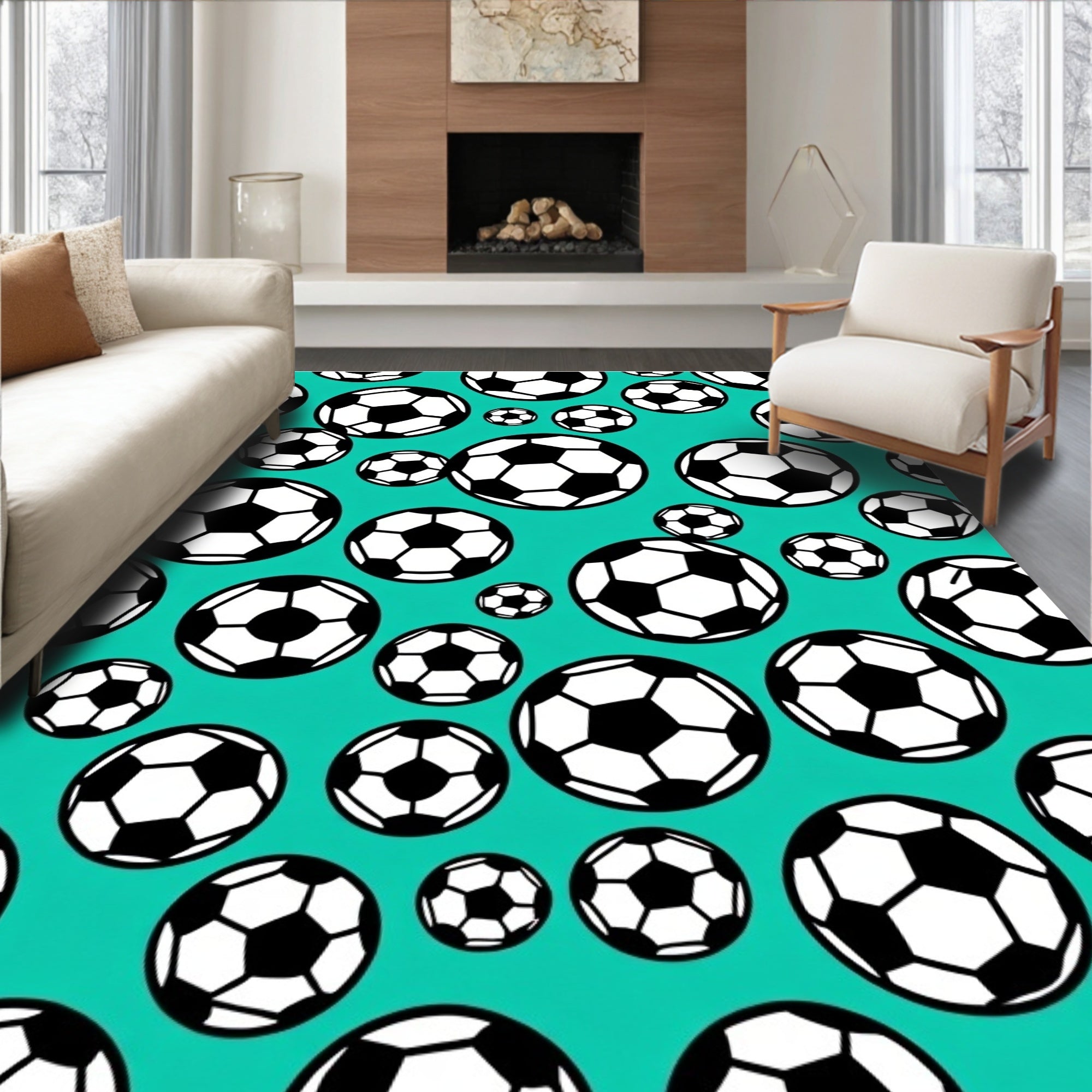 Teal Black White Soccer Balls Collage Rug