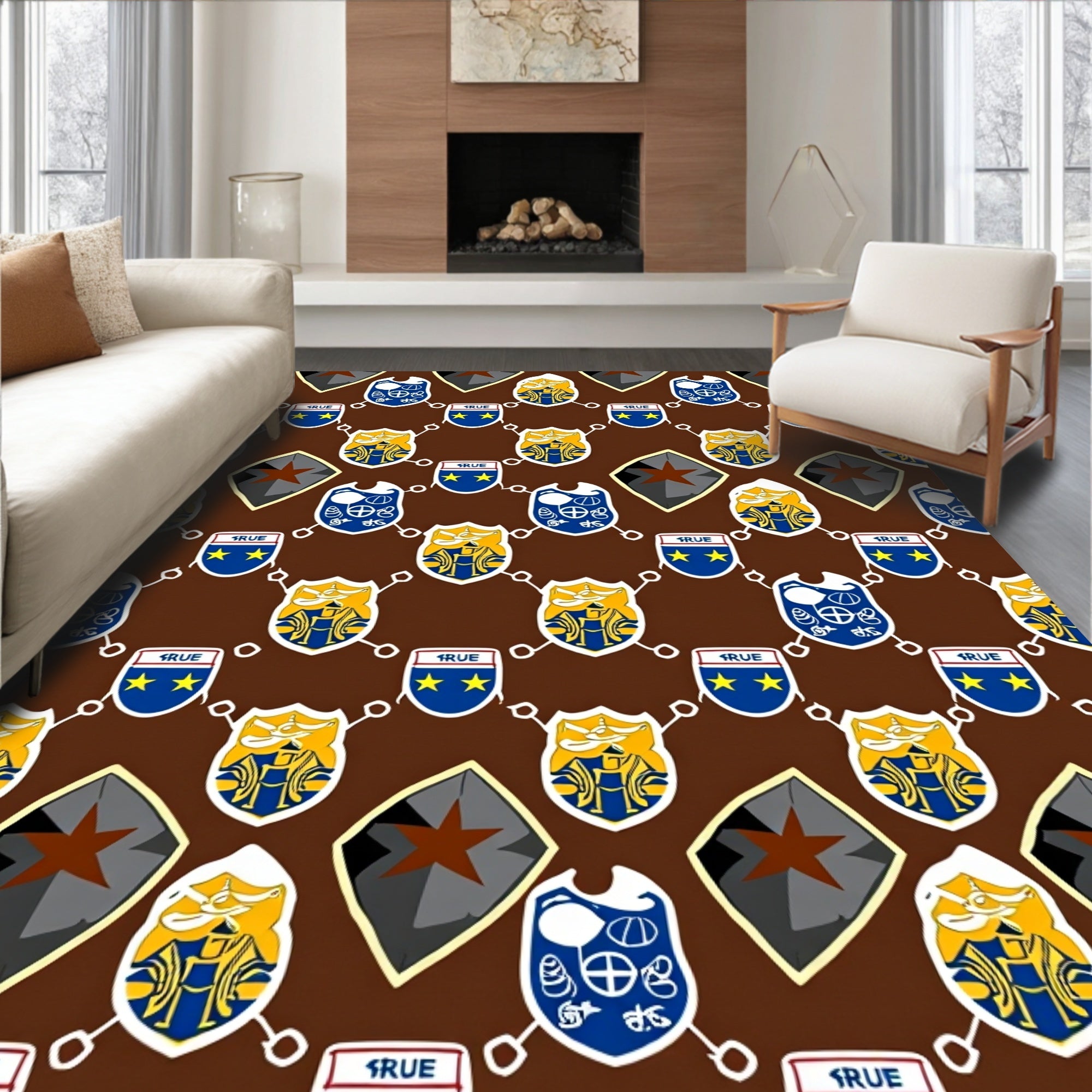 Brown Blue Golden Crest Shield Tile Rug