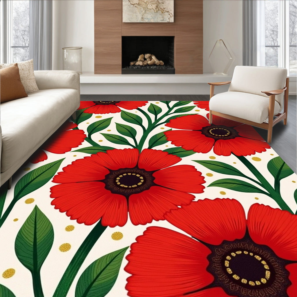 Vibrant Red Floral with Green Leaves Rug