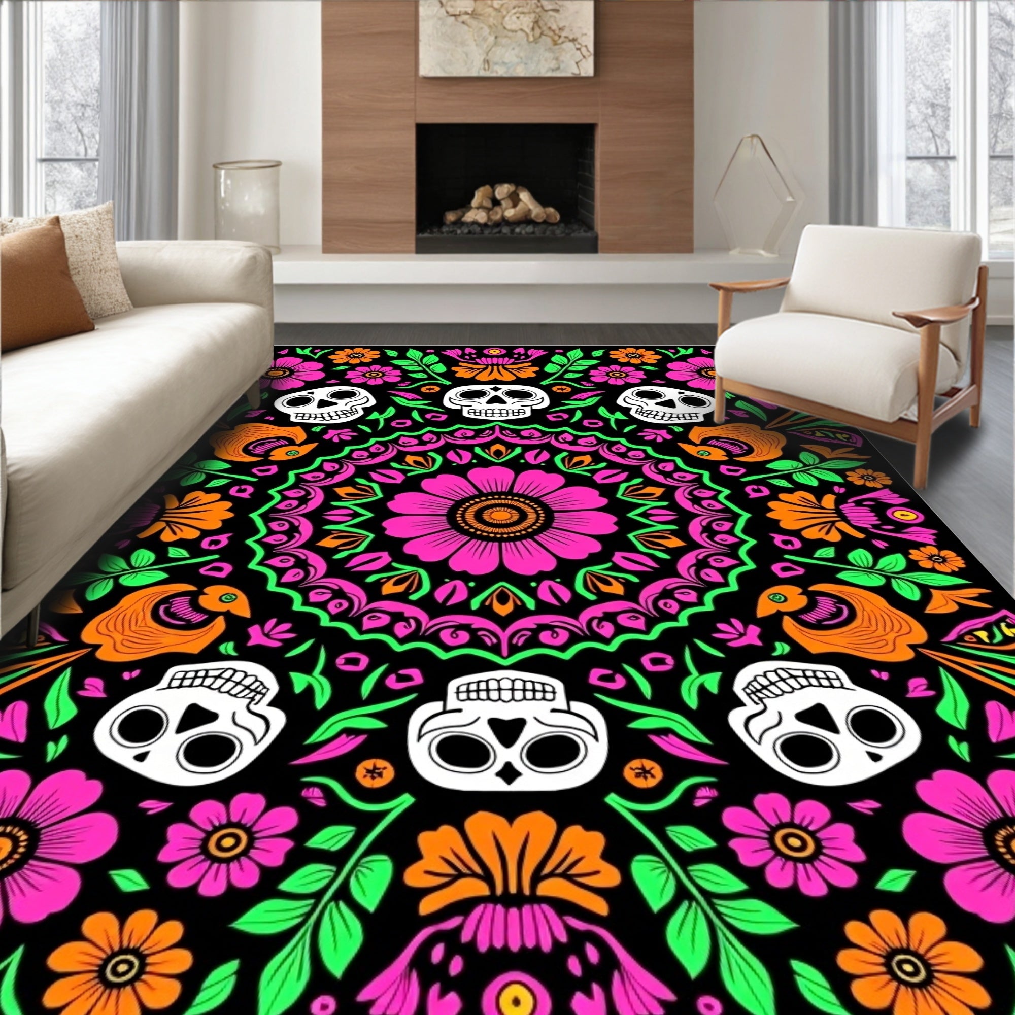 Vivid Skull Floral Mandala Garden Rug