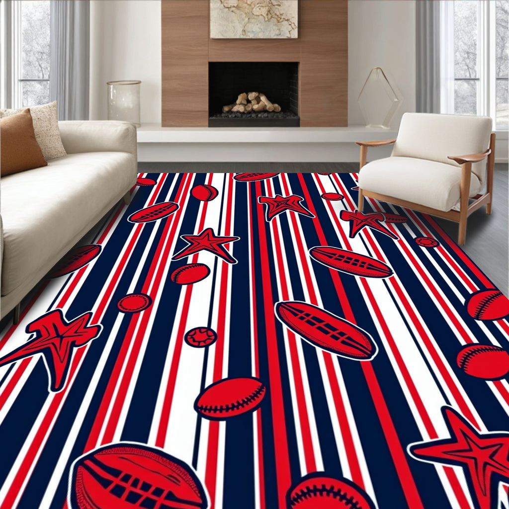 Red White Blue Striped Sports Ball Rug