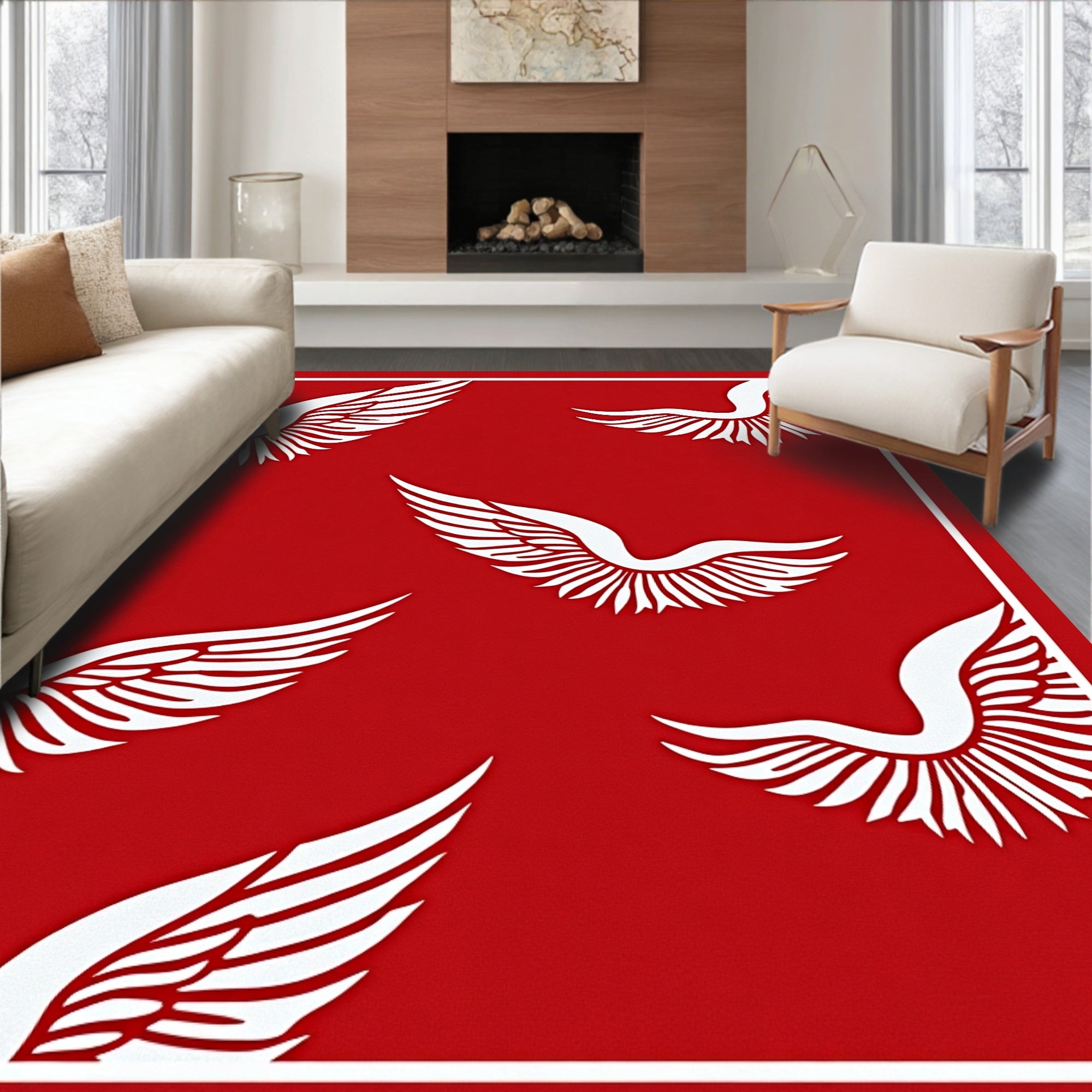 Crimson Wings Floating Across Red Field Rug
