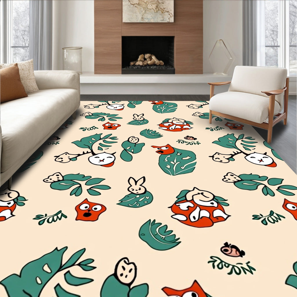 Whimsical Orange Green Animal Foliage Rug