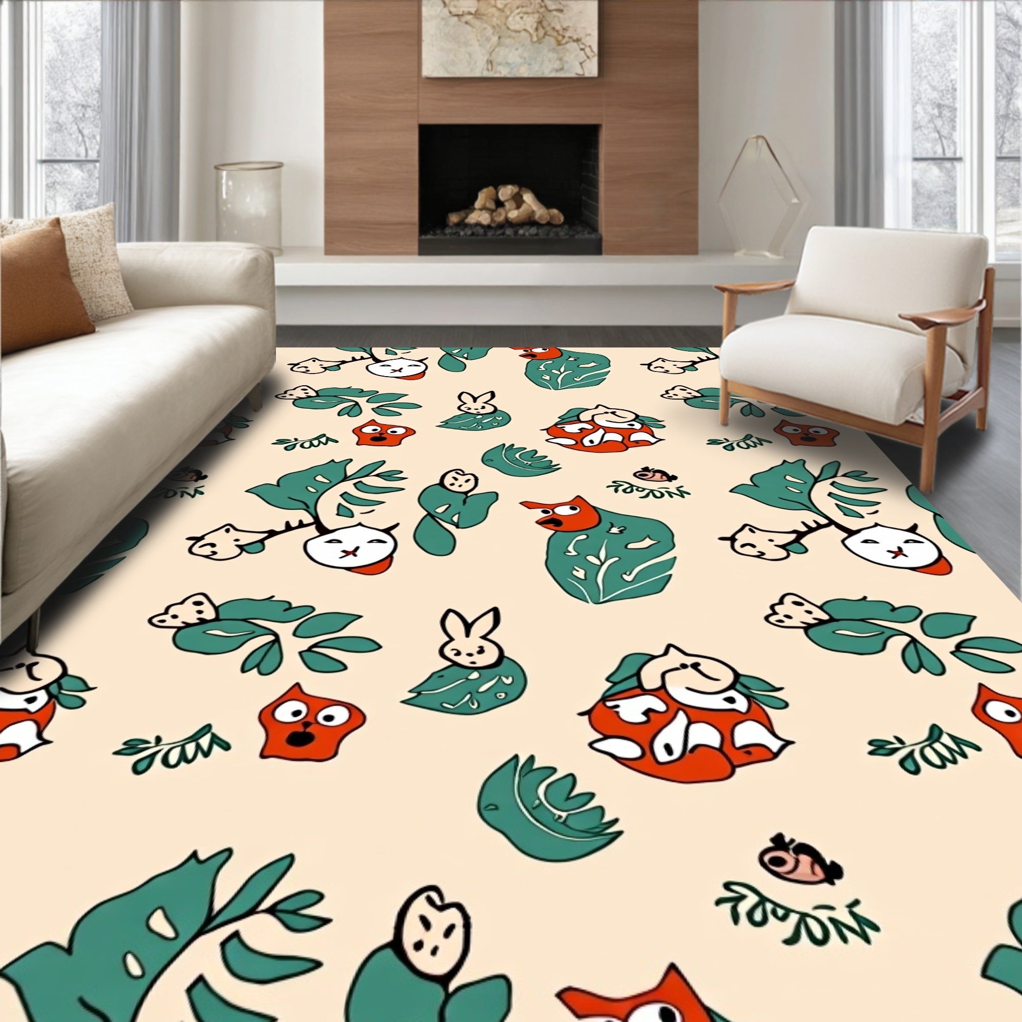 Whimsical Orange Green Animal Foliage Rug