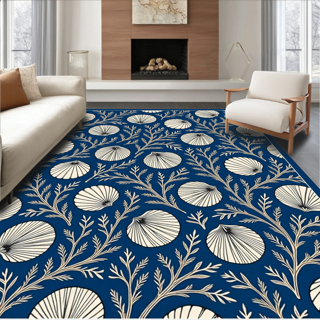 Deep Blue Cream Scallop Branch Rug