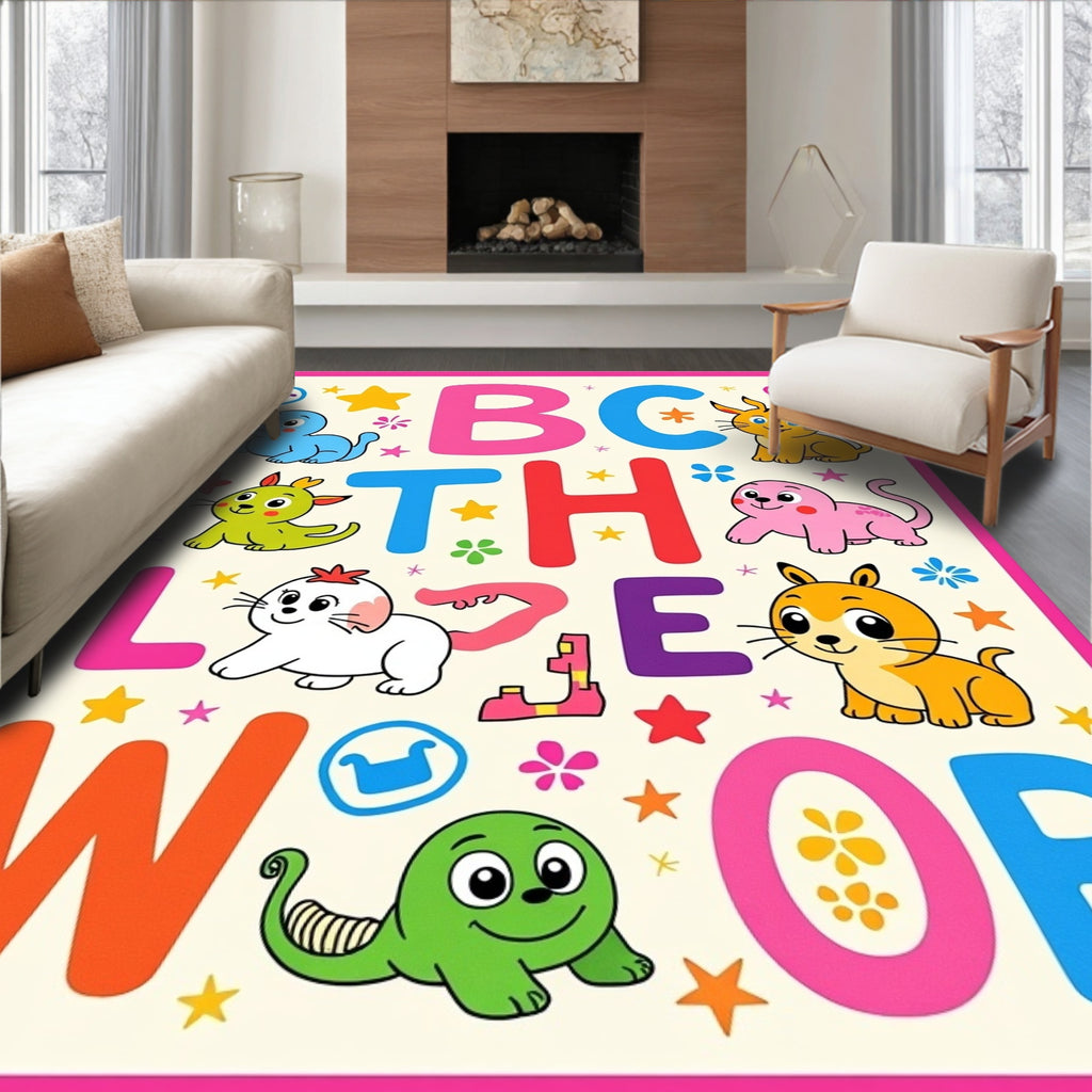 Alphabet Animals Whimsical Cartoon Kids Rug