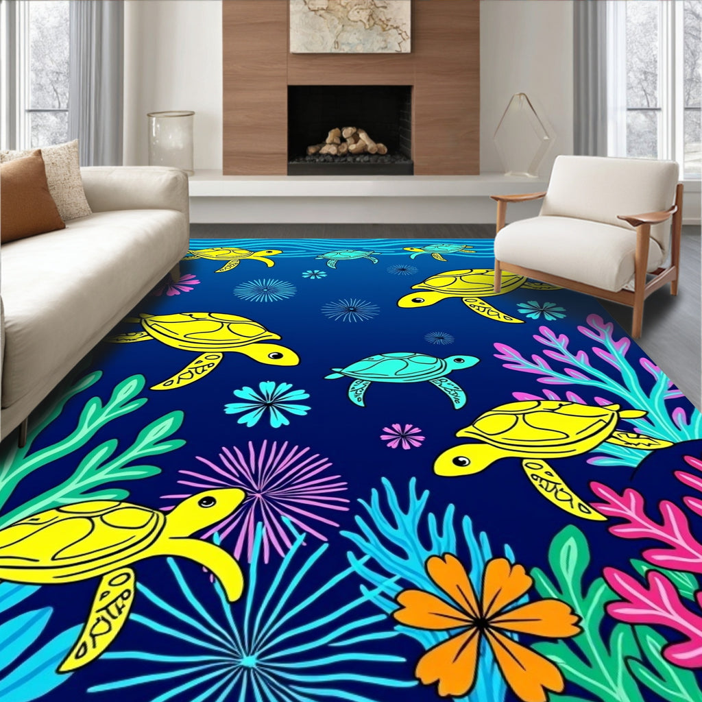 Oceanic Green Yellow Sea Turtle Coral Rug