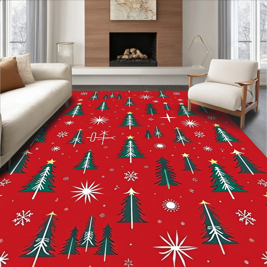 Festive Red Evergreen Forest Snowflakes Rug