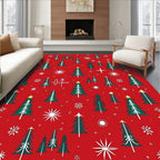 Festive Red Evergreen Forest Snowflakes Rug