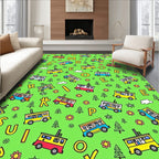 Whimsical Yellow Bus Alphabet Meadow Rug