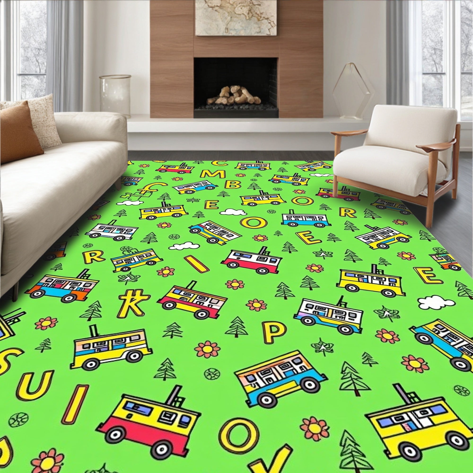 Whimsical Yellow Bus Alphabet Meadow Rug