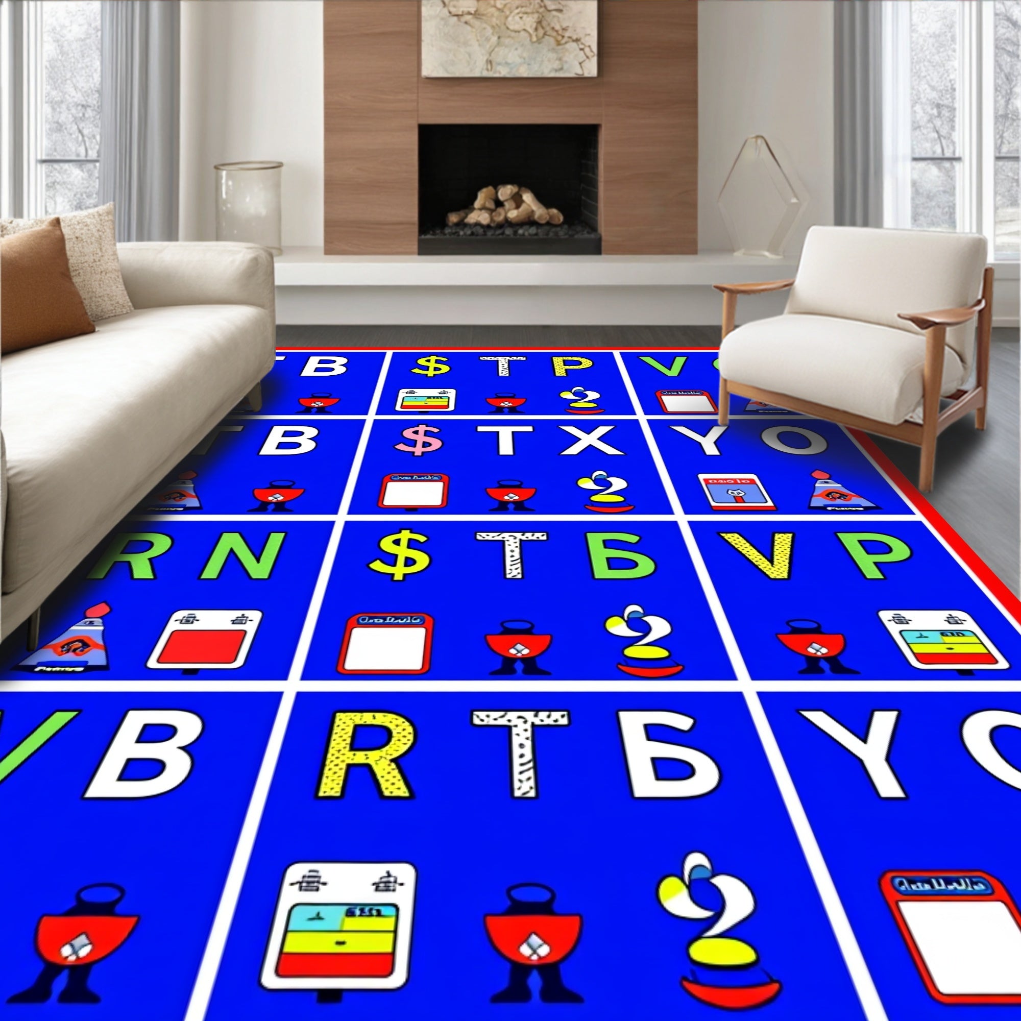 Bold Blue Letter Icon Grid Rug