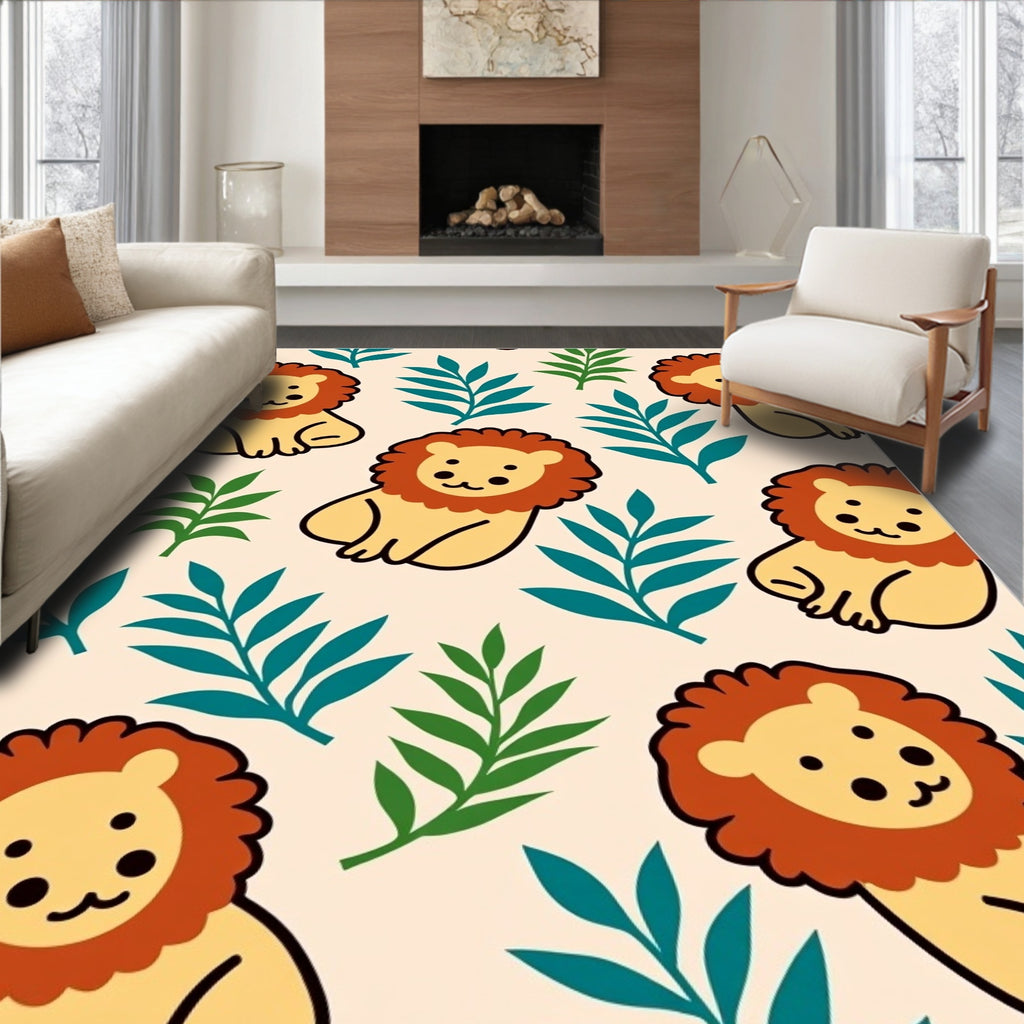 Cute Lion Jungle Leaves Repeat Rug