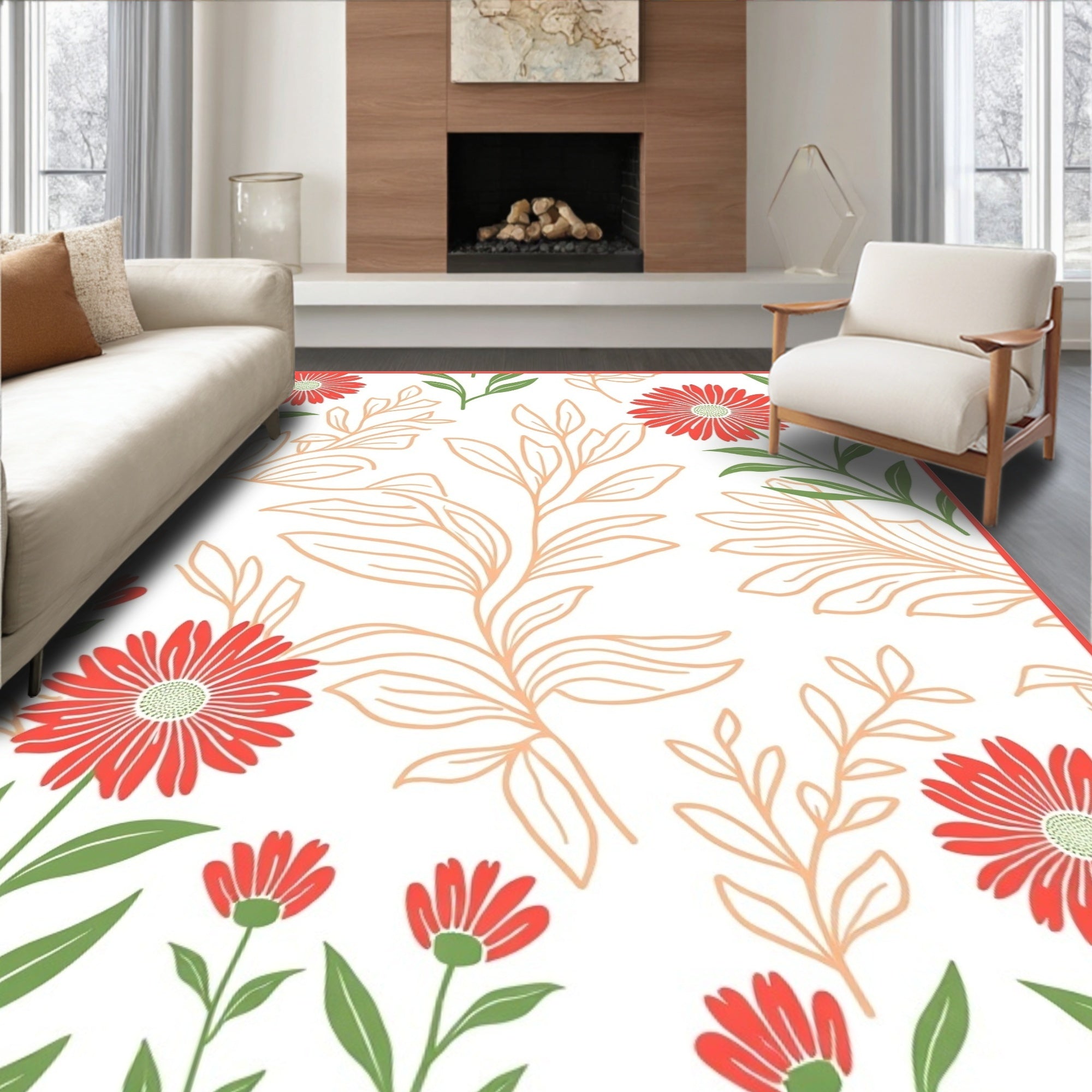 Coral Daisy Botanical Garden Print Rug