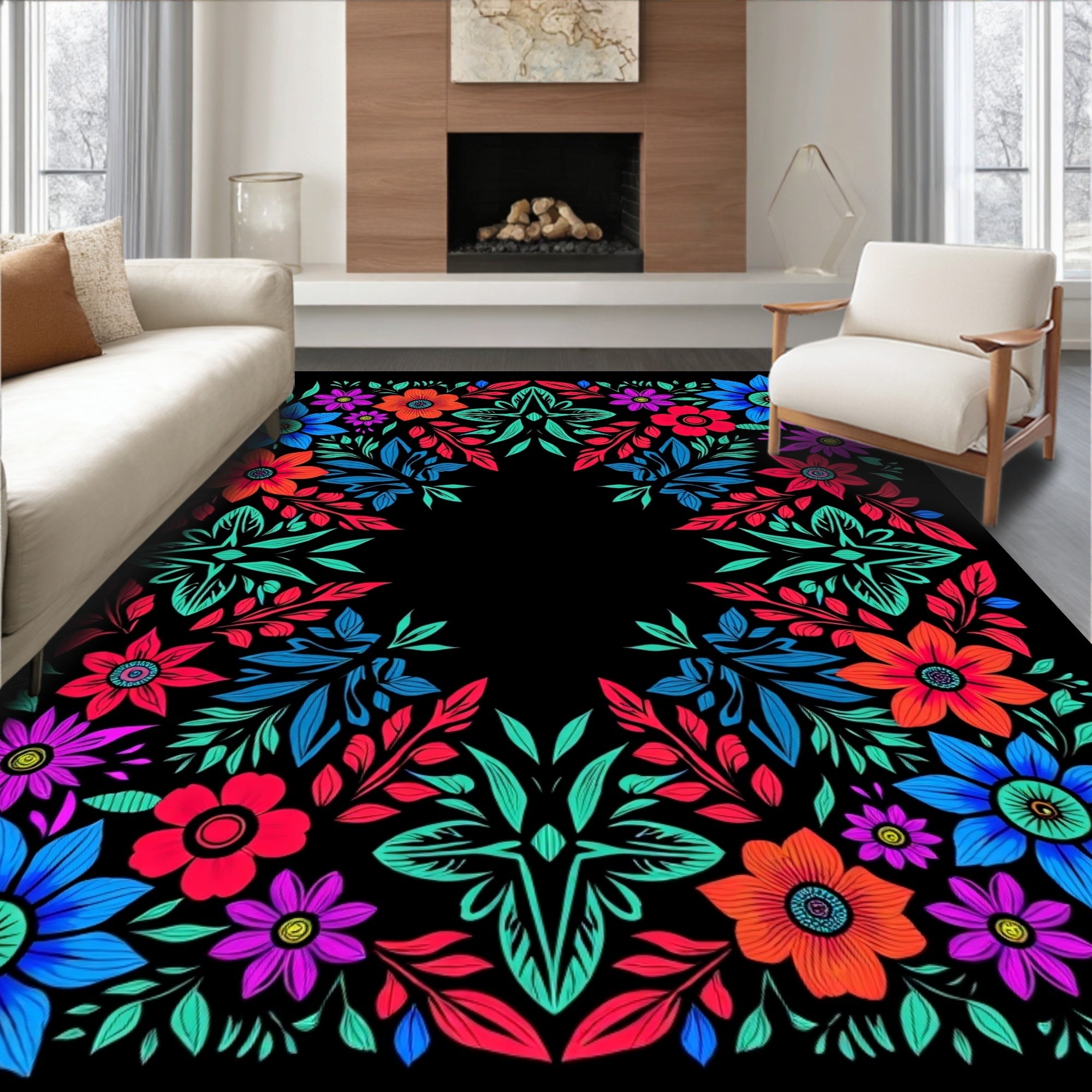 Vibrant Floral Border with Geometric Accents Rug