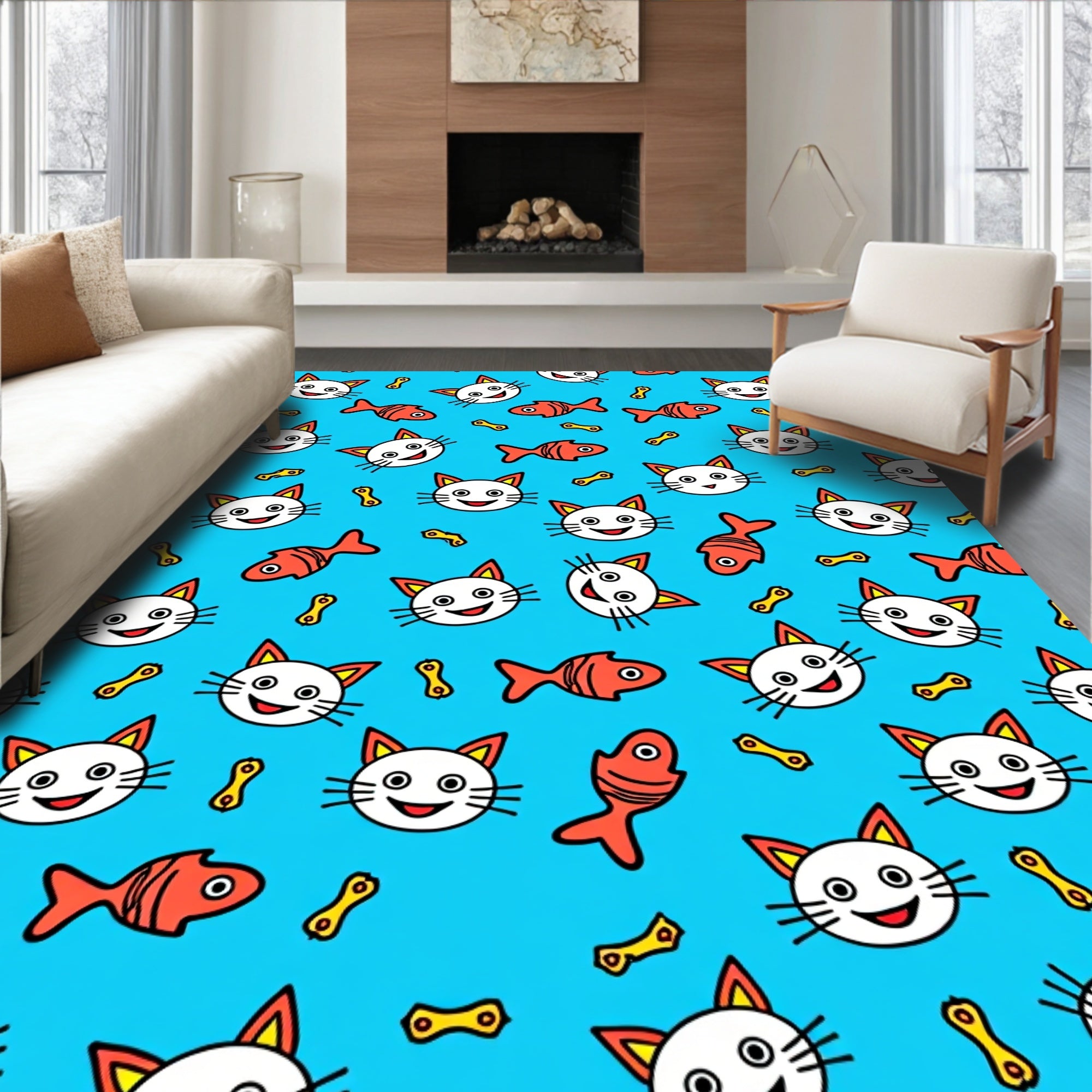 Whimsical White Cat Fish Bone Toss Rug