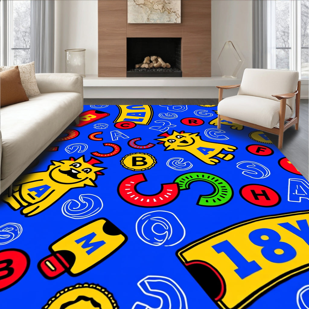 Playful Yellow Cat Alphabet Blocks Rug