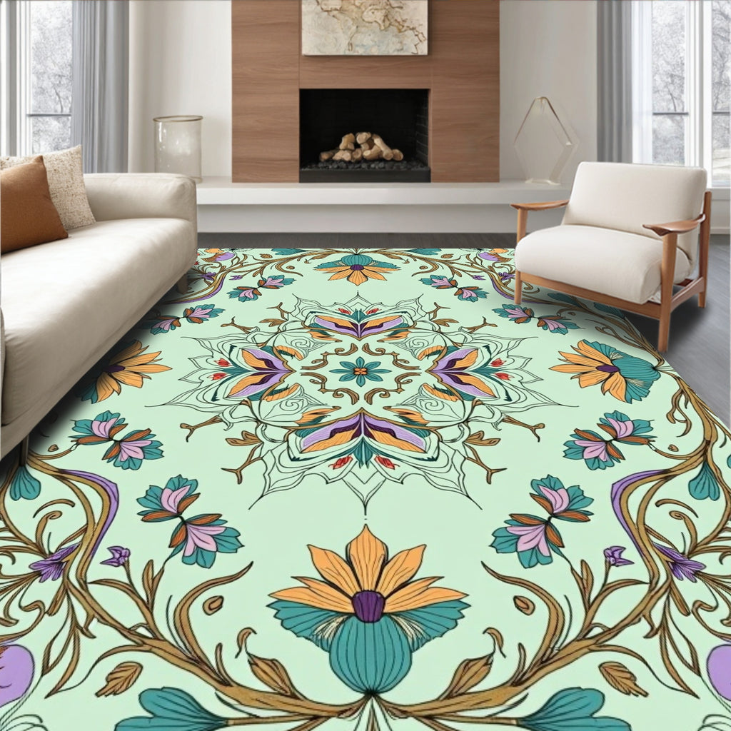 Mint Green Ornamental Floral Mandalas Rug