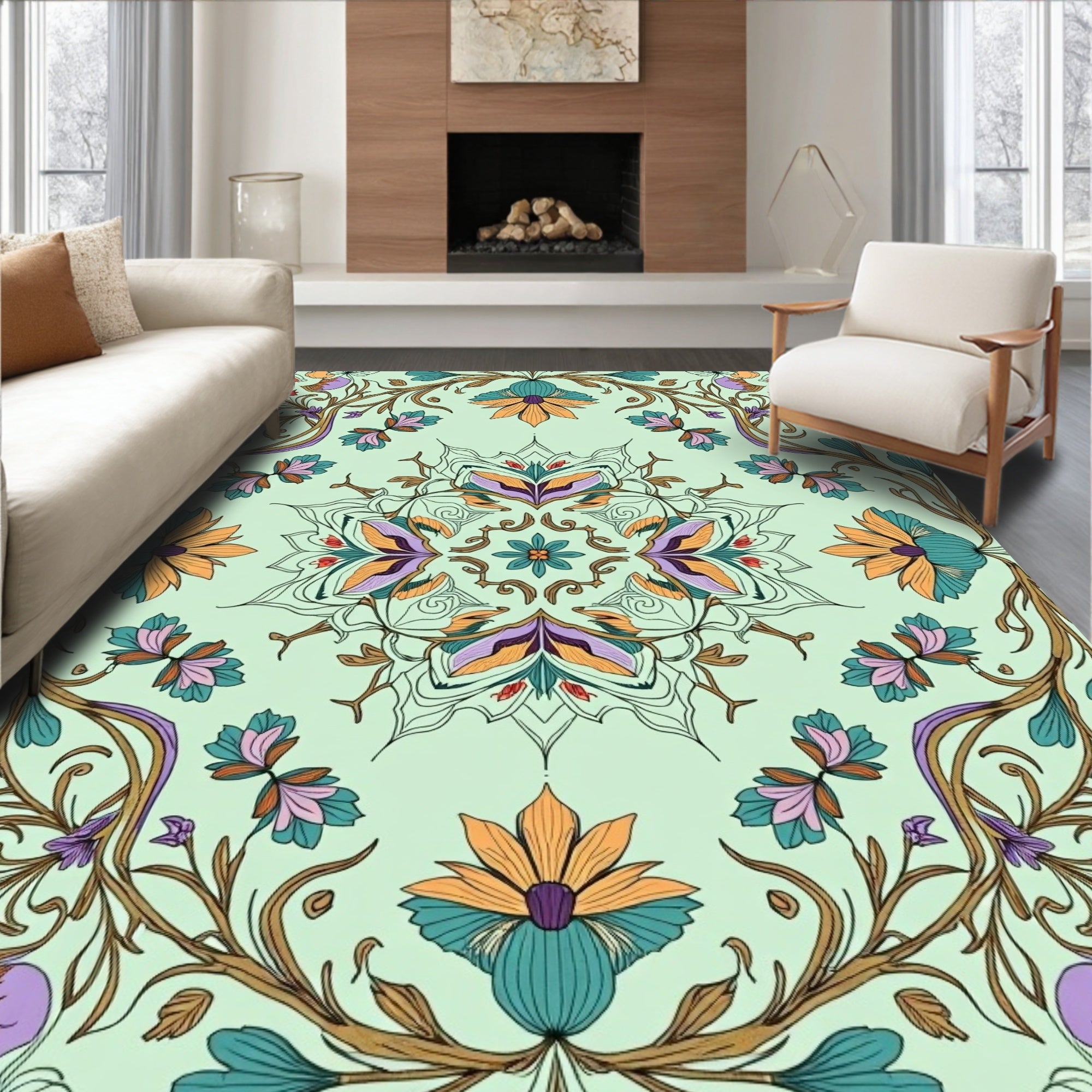 Mint Green Ornamental Floral Mandalas Rug