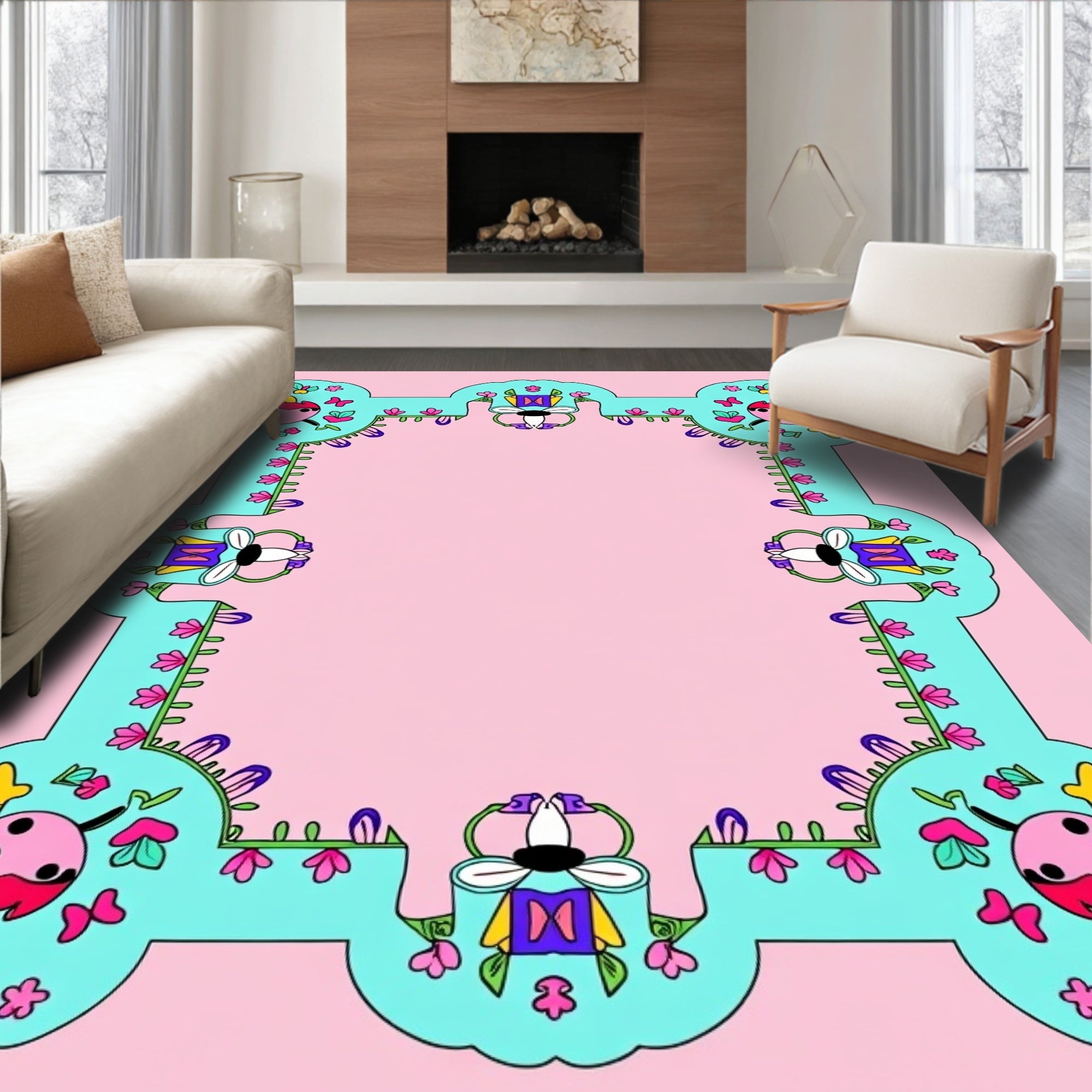 Whimsical Blue Ladybug Floral Frame Rug