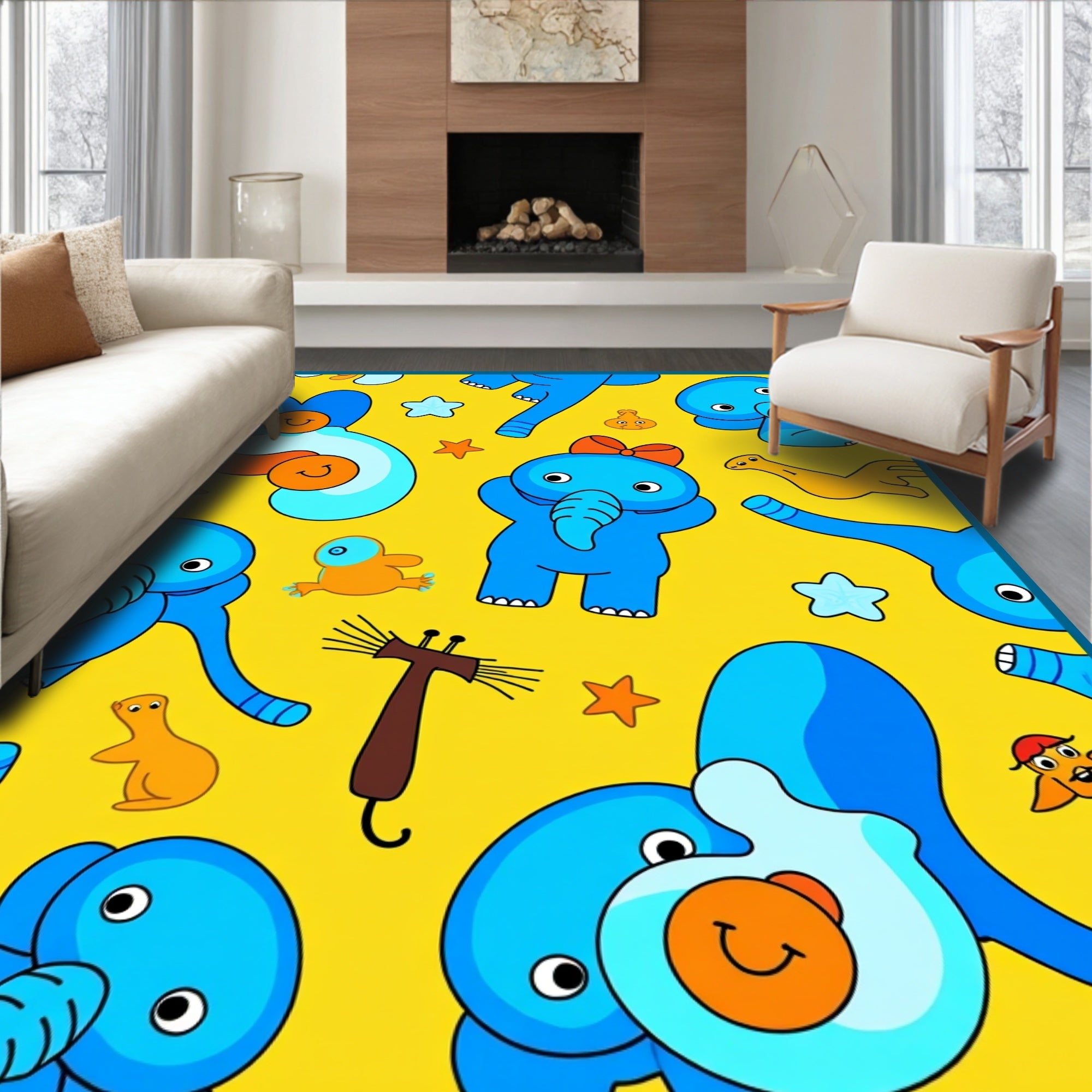 Playful Blue Elephants Yellow Whimsical Scene Rug