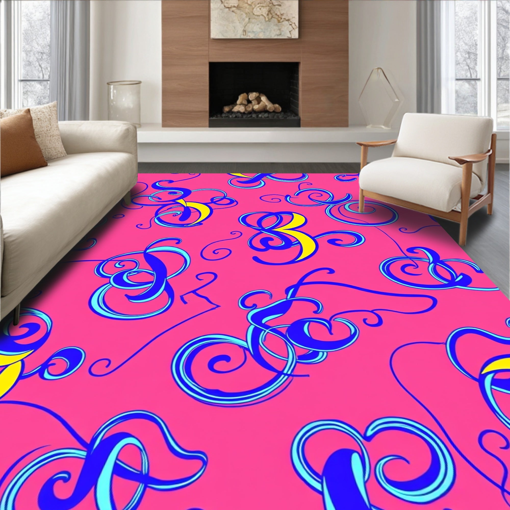 Bright Pink Calligraphy Swirls Rug