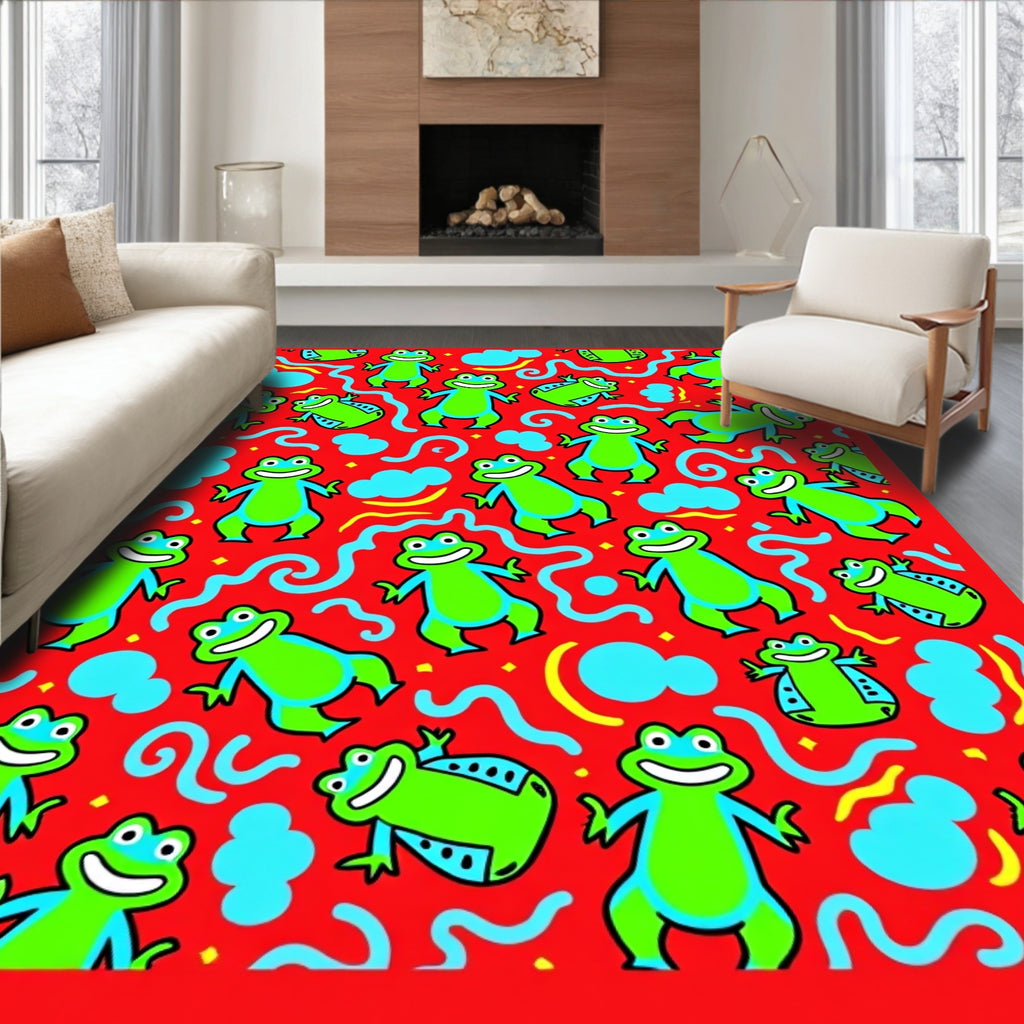 Happy Green Frogs Red Background Rug