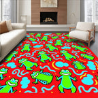 Happy Green Frogs Red Background Rug