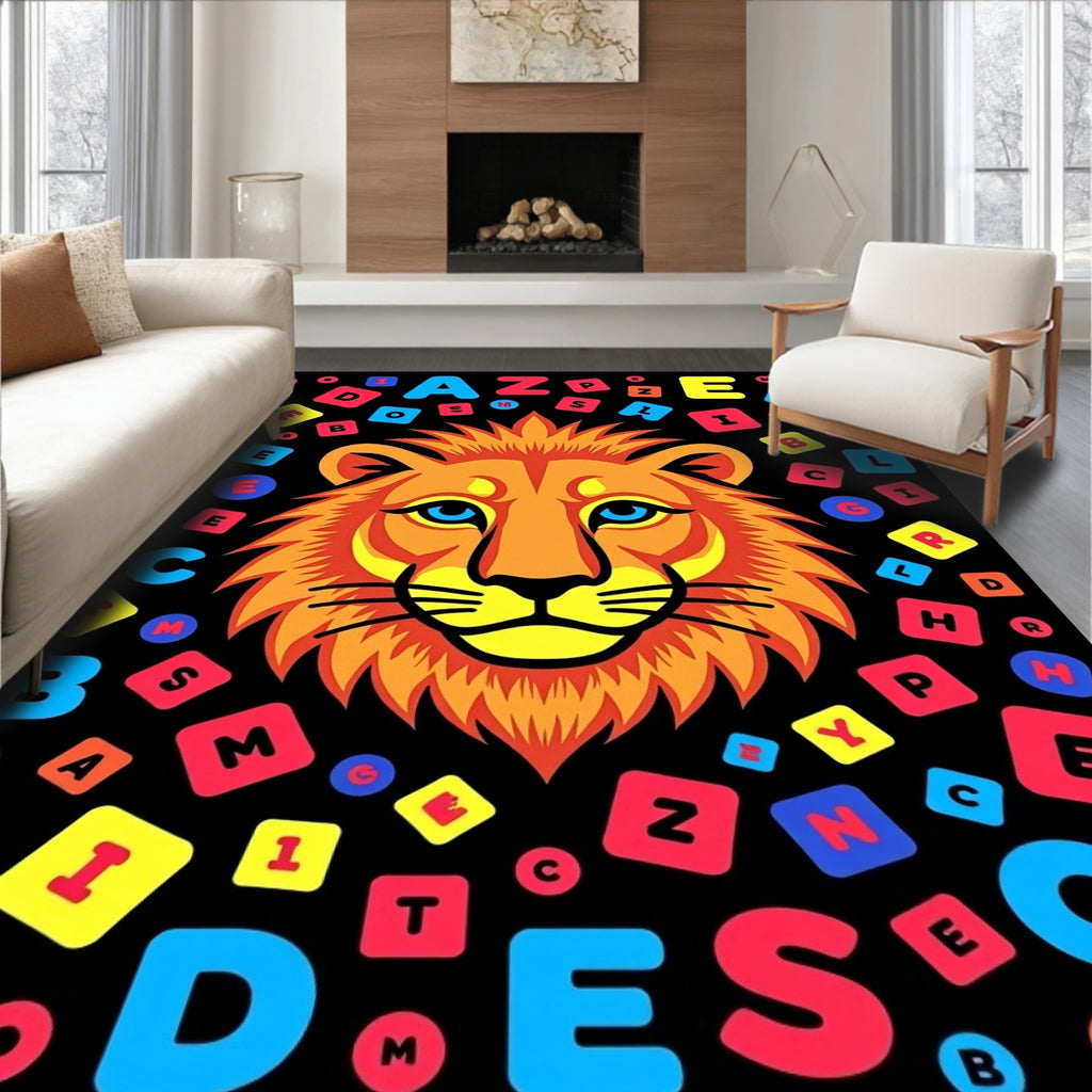 Bold Lion Head Alphabet Collage Rug