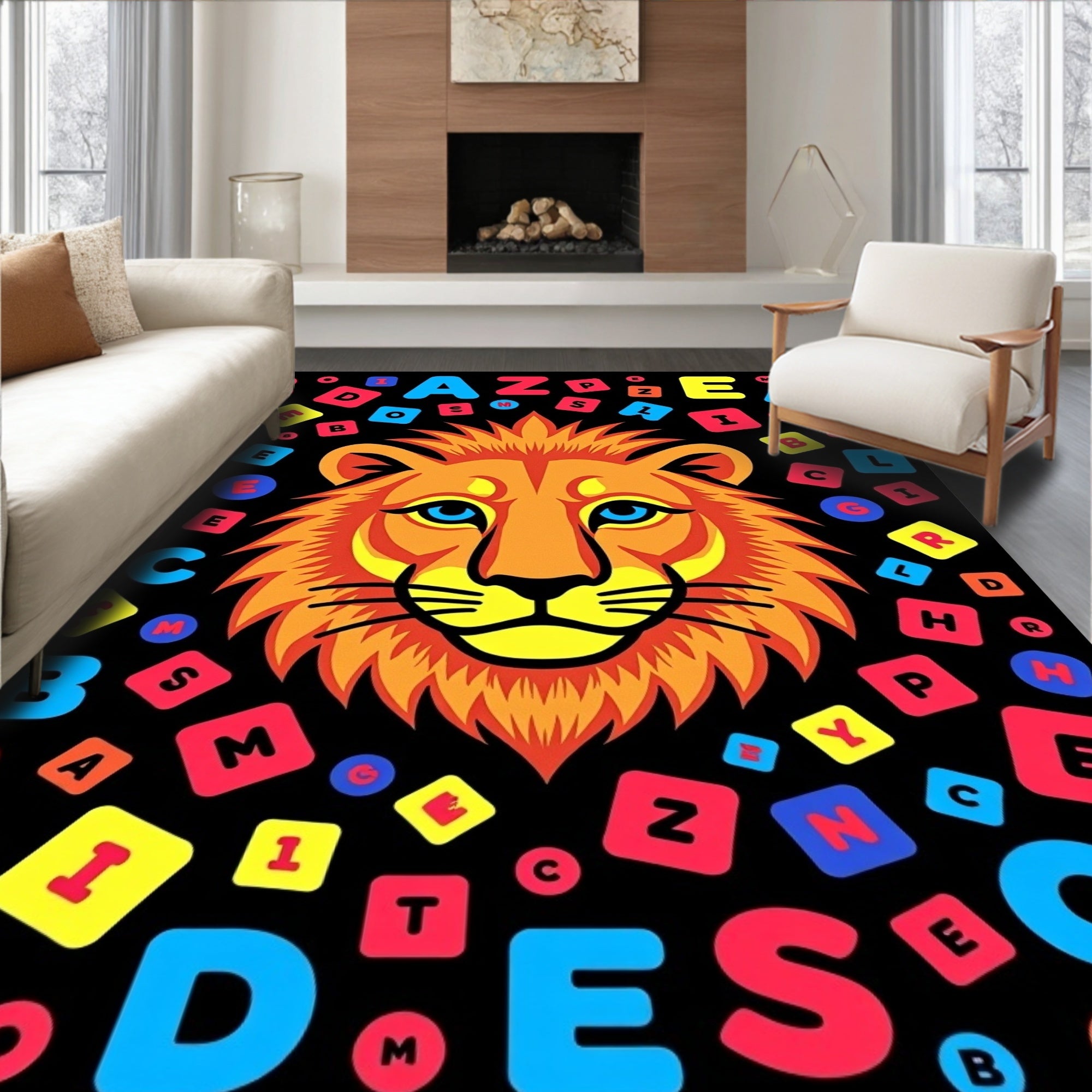 Bold Lion Head Alphabet Collage Rug