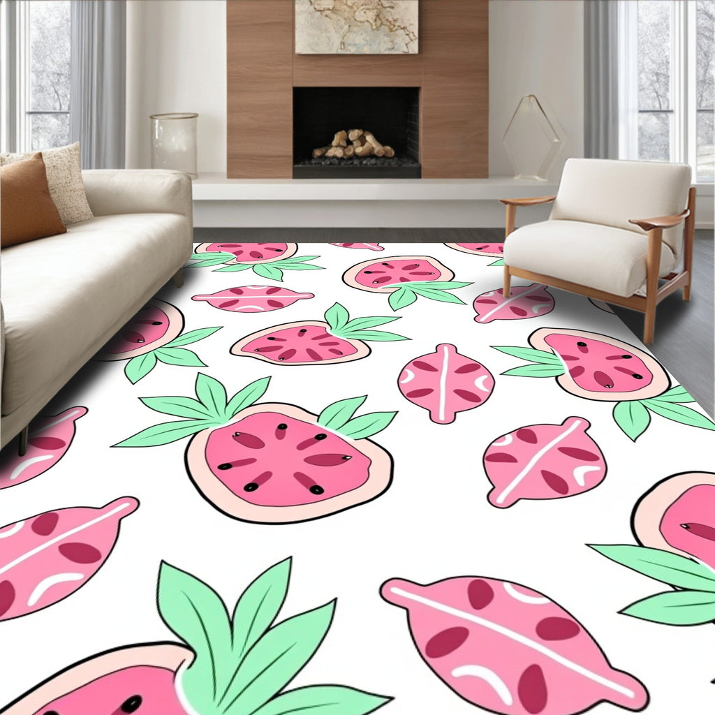 Pink Watermelon Slices Green Leaves Rug