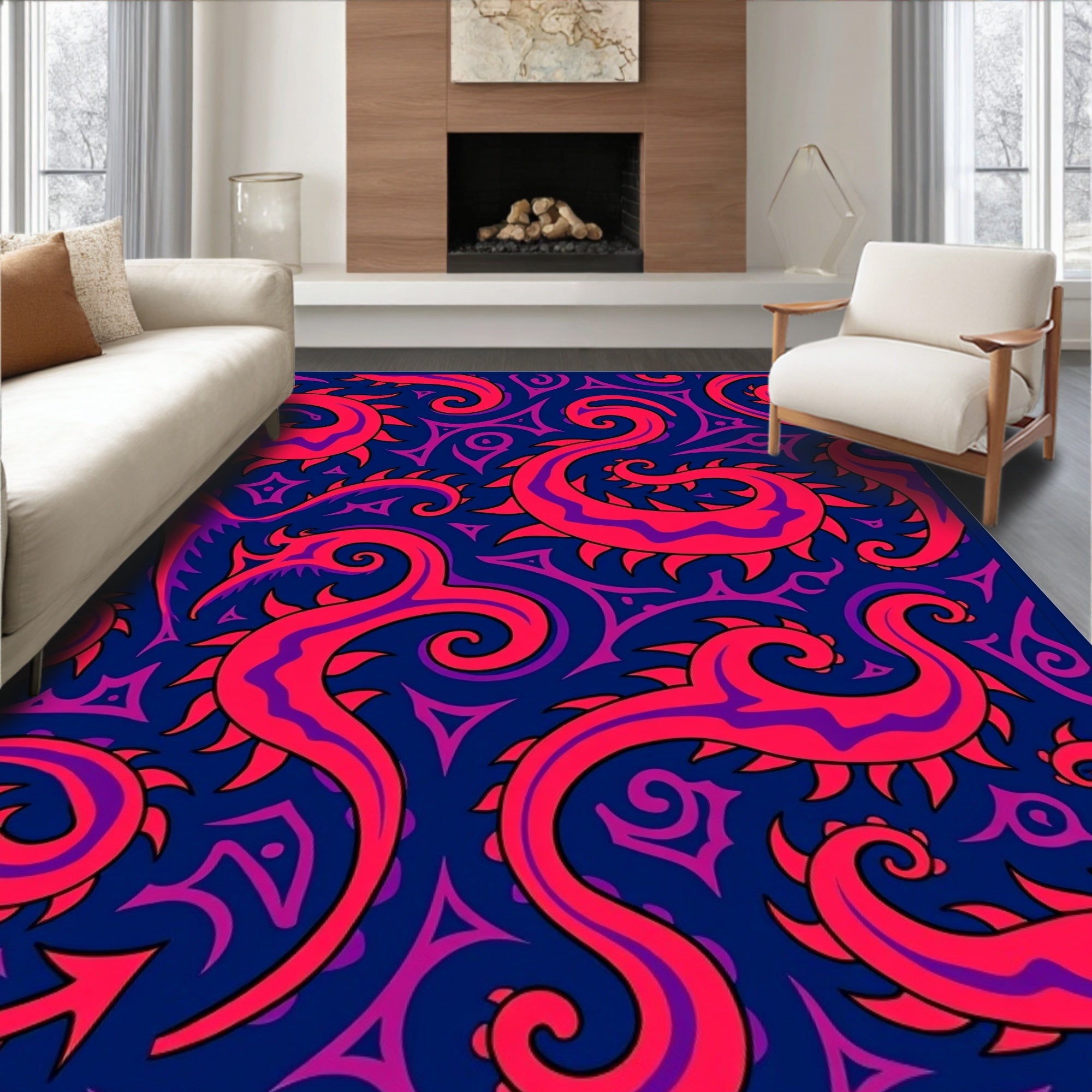 Vibrant Coral Swirl Tribal Rug