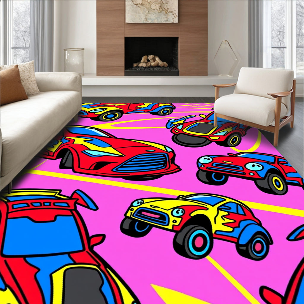 Vibrant Red Blue Yellow Car Collection Rug