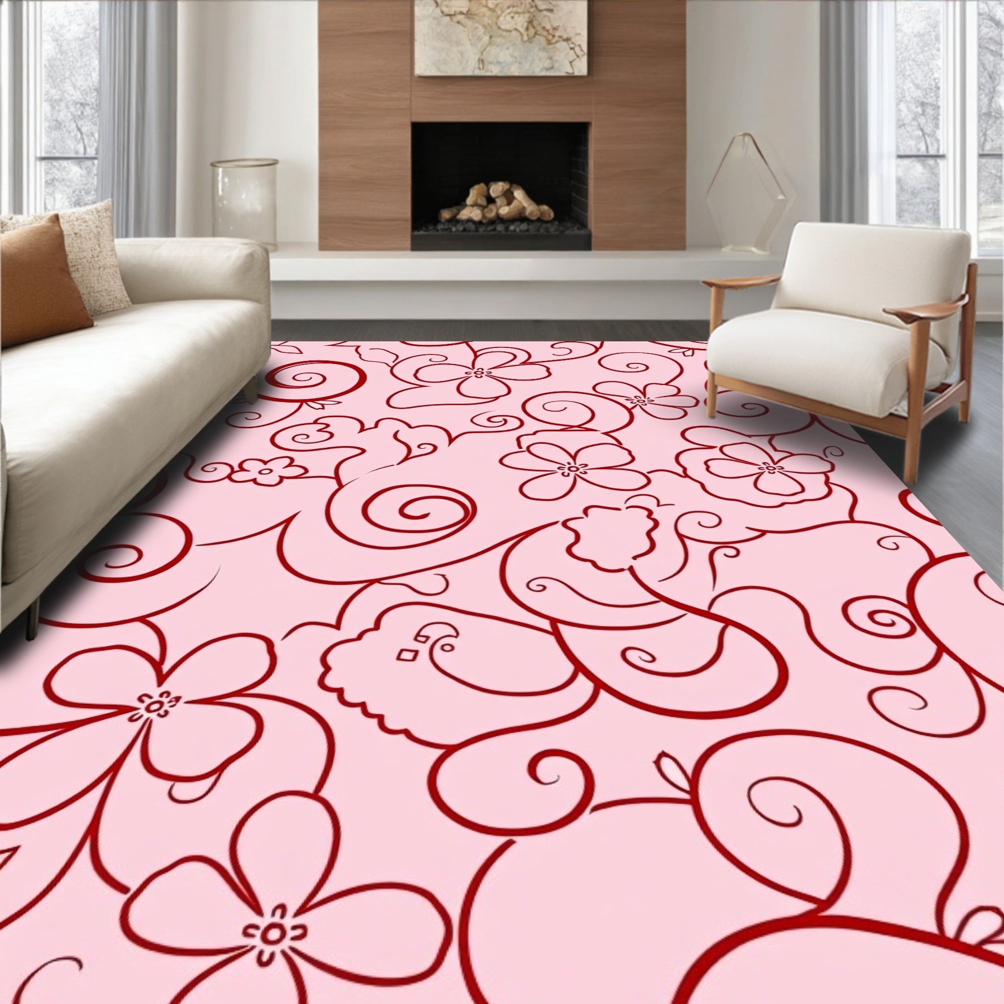 Crimson Floral Swirl Baby Pink Rug