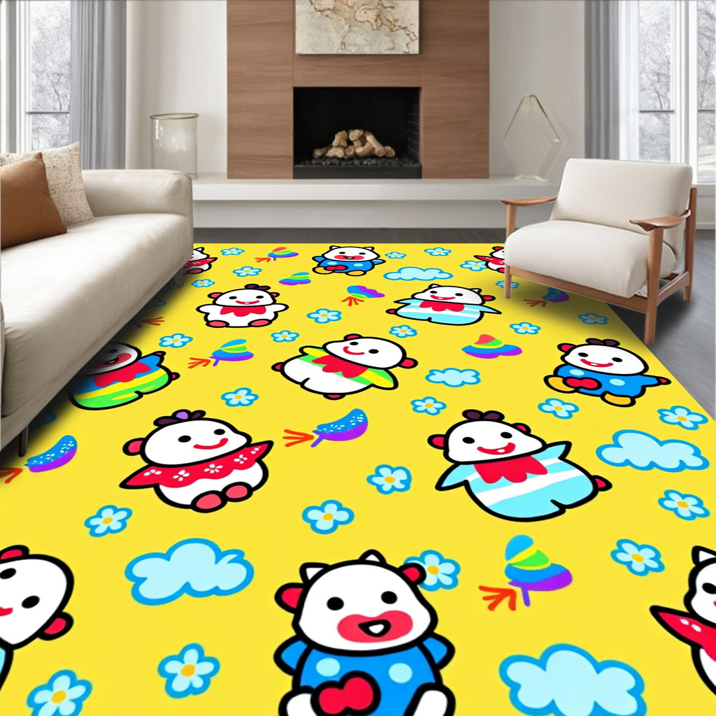 Cute Cartoon Characters Yellow Background Rug