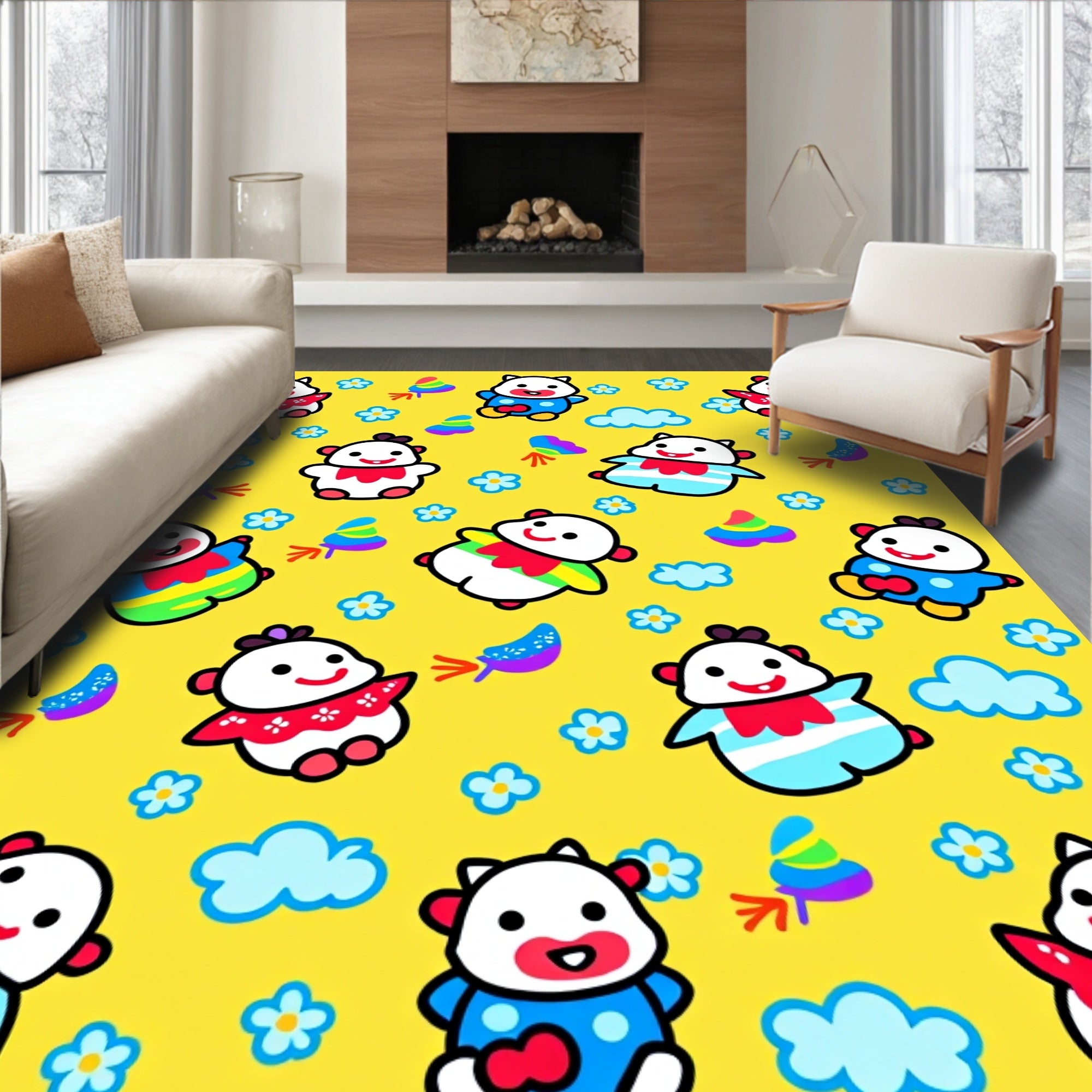 Cute Cartoon Characters Yellow Background Rug