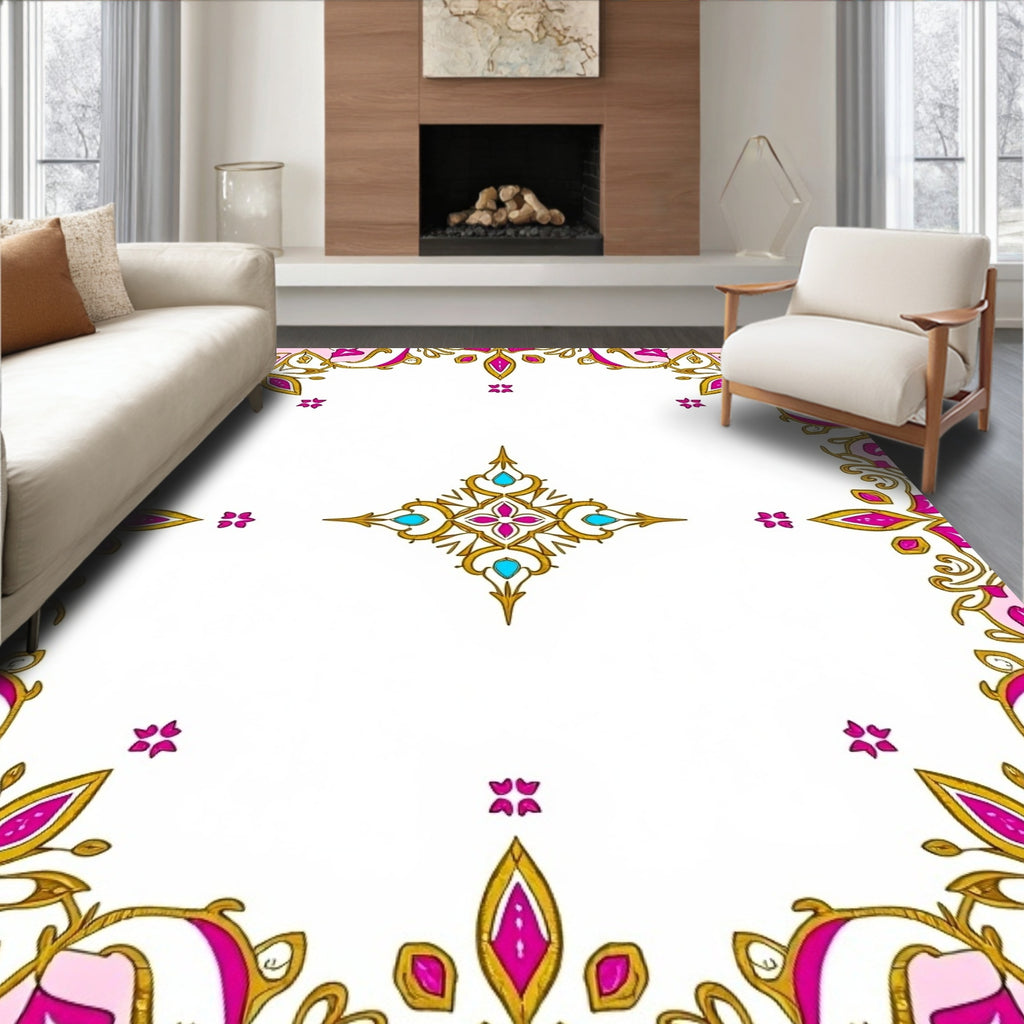 Ornate Pink Gold Teal Medallion Border Rug