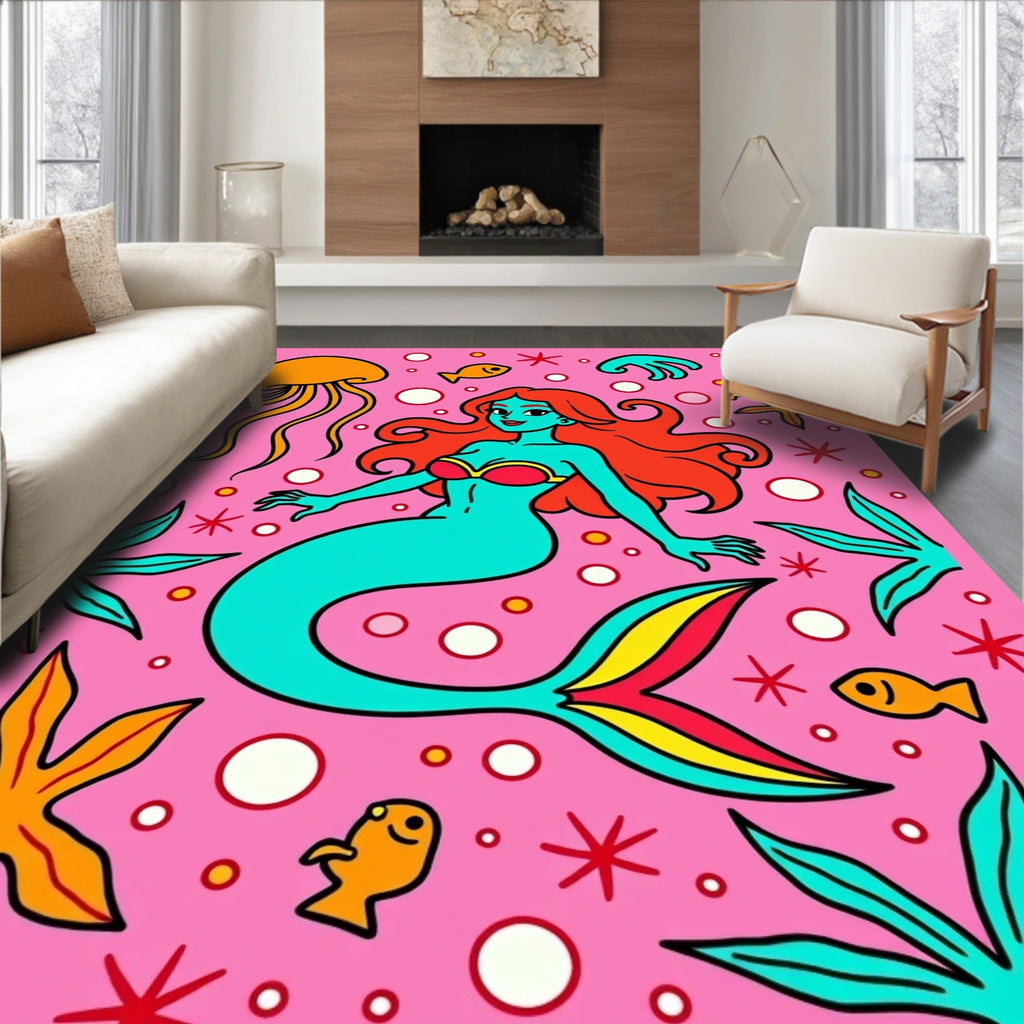 Whimsical Turquoise Mermaid Coral Scene Rug