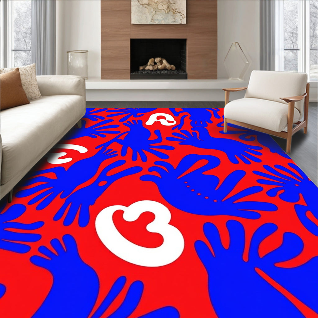 Bold Blue Organic Shapes Red Background Rug