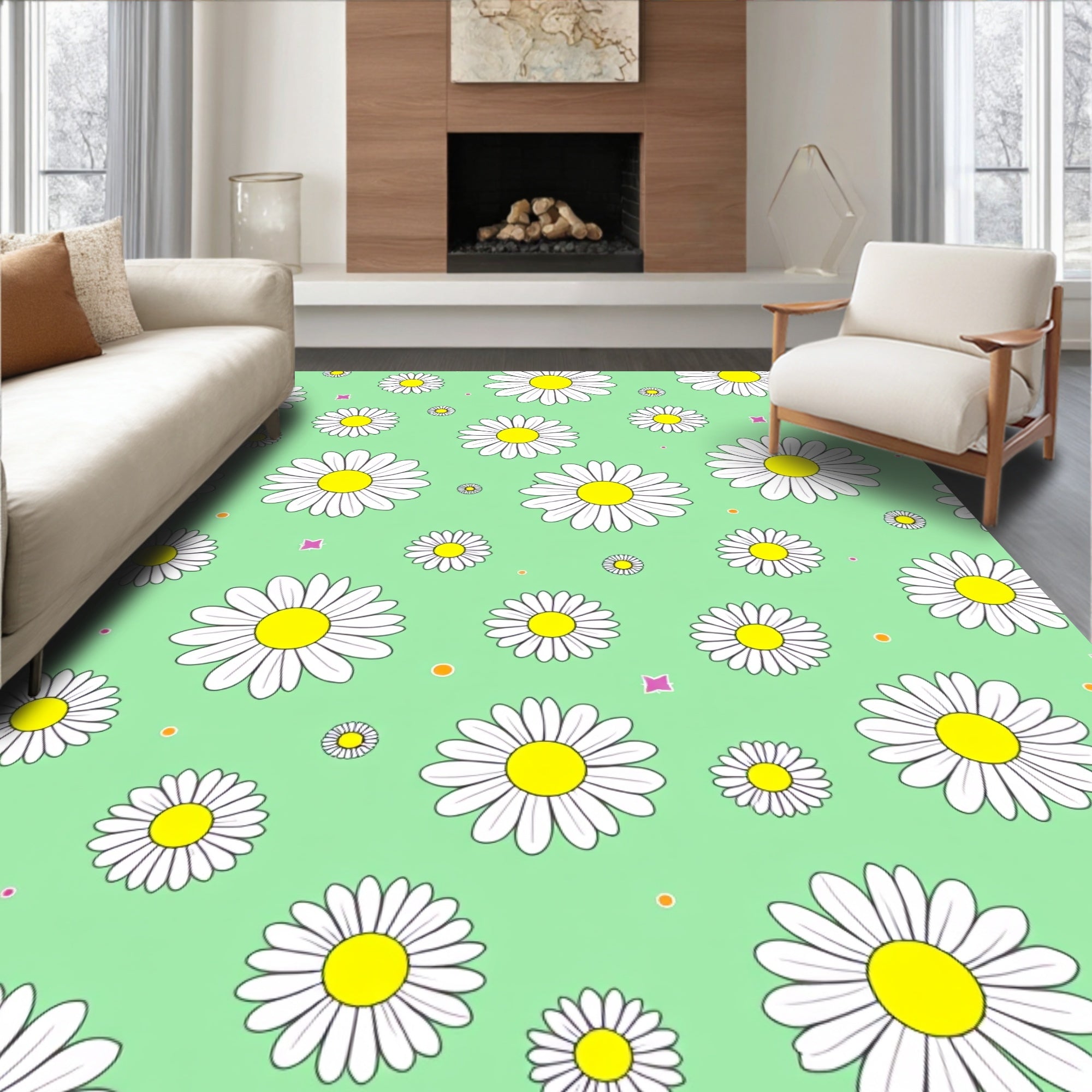 White Daisy Garden Mint Background Rug