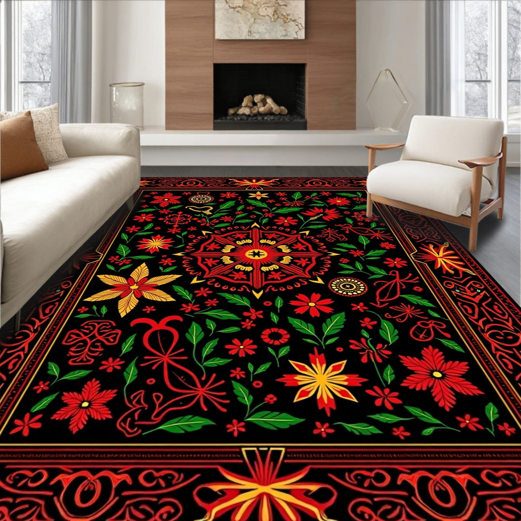 Bold Red Floral Folk Art Rug