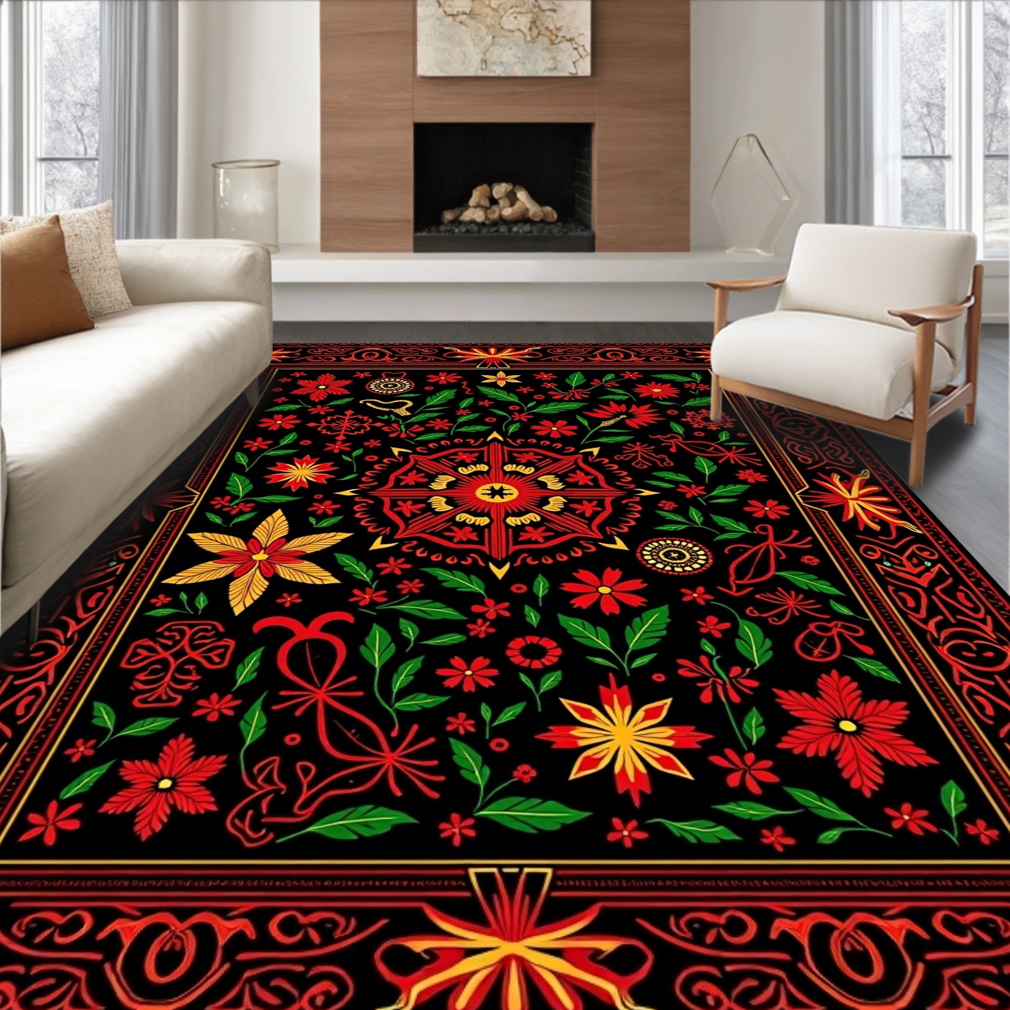 Bold Red Floral Folk Art Rug