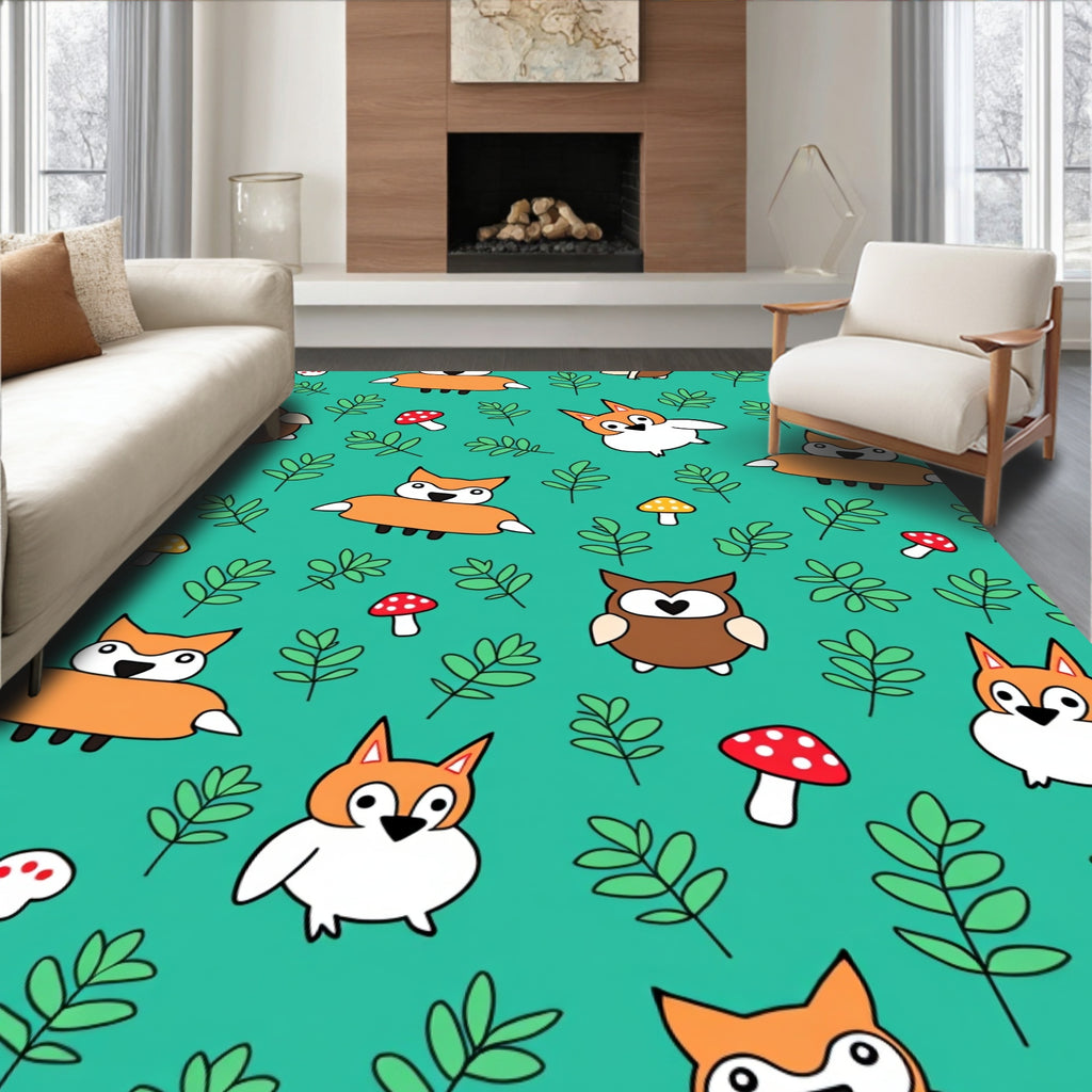 Woodland Creatures Green Leafy Teal Rug