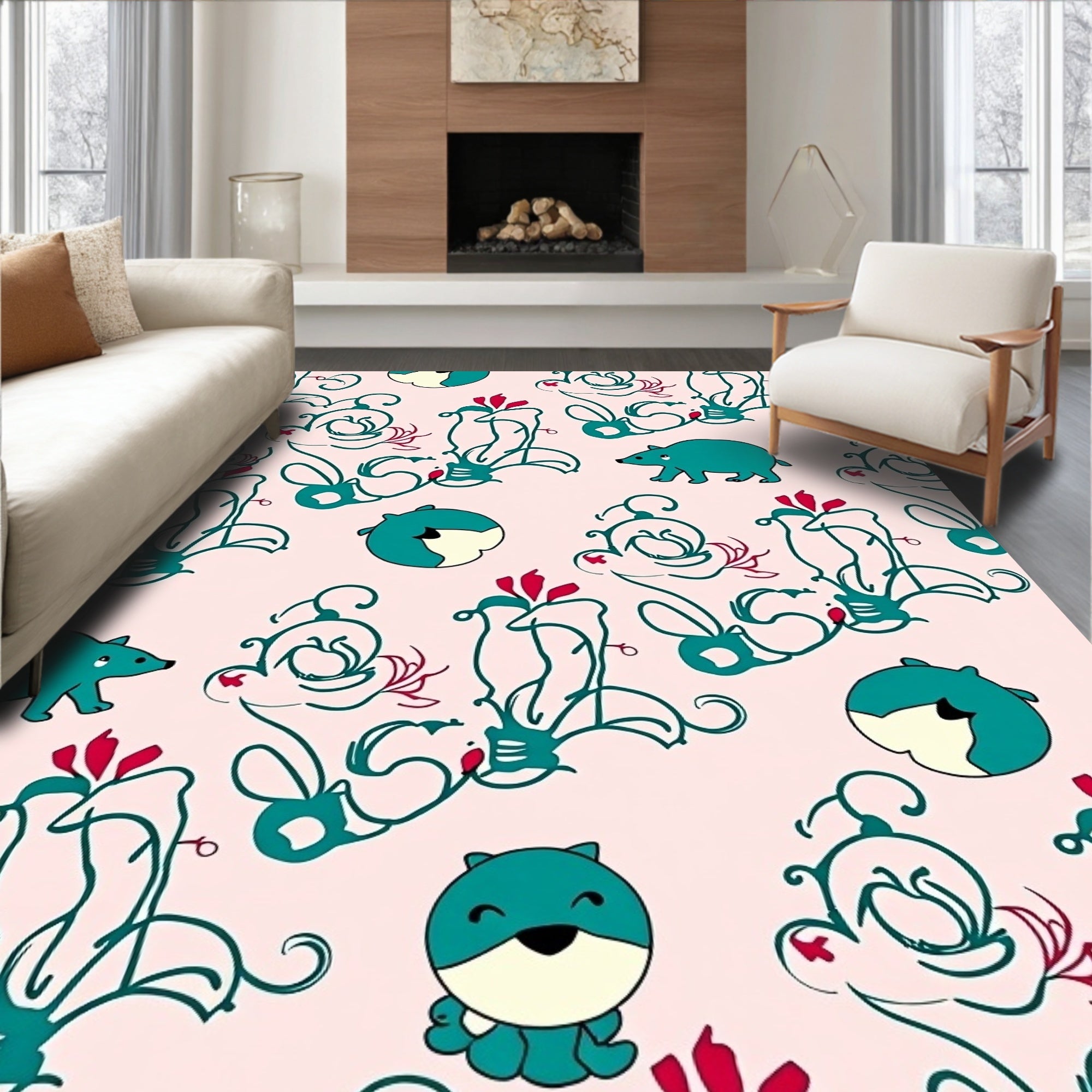 Teal Animals Floral Scrollwork Charm Rug