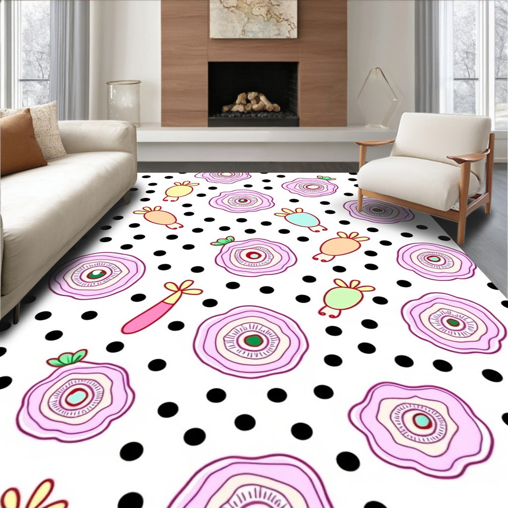 Whimsical Pink Flower Polka Dot Rug