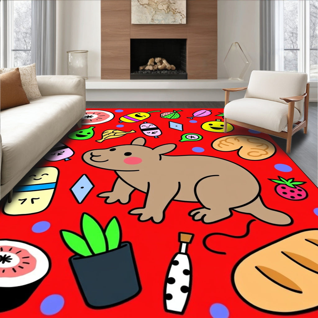 Playful Cartoon Critters and Food Medley Rug